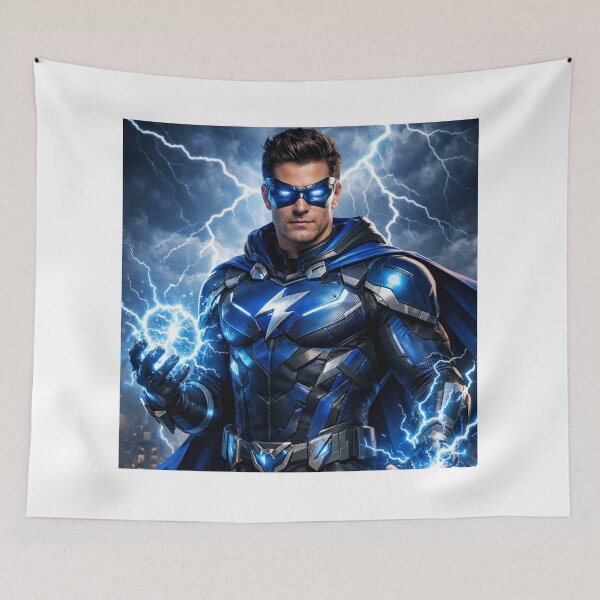 Item preview, Electric Blue Superhero Controlling Lightning Storm designed and sold by NiceArtsPlace.