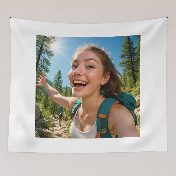 Item preview, Happy Girl Hiking in Sunny Pine Forest designed and sold by NiceArtsPlace.