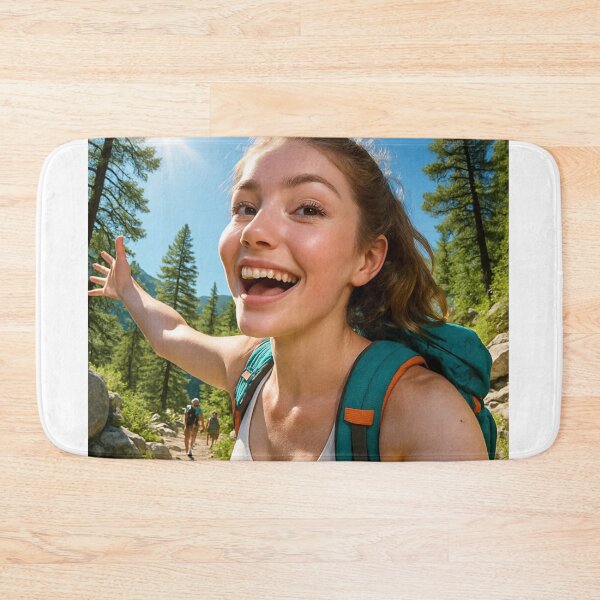 Item preview, Happy Girl Hiking in Sunny Pine Forest designed and sold by NiceArtsPlace.