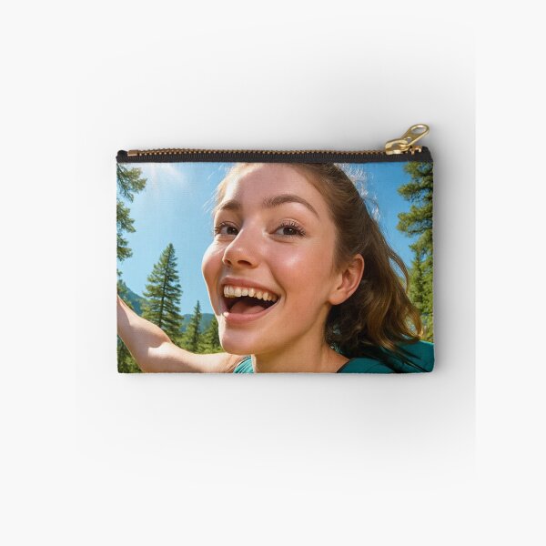 Item preview, Happy Girl Hiking in Sunny Pine Forest designed and sold by NiceArtsPlace.