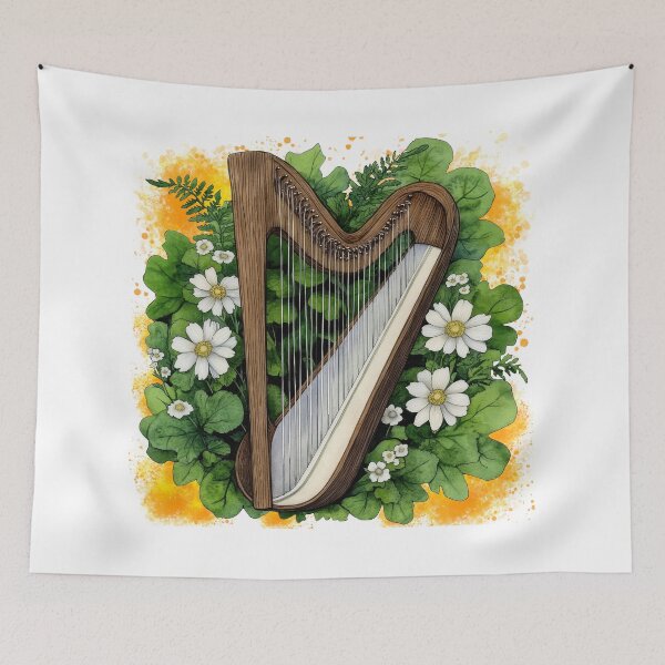 Item preview, Celtic Harp with Wildflowers | Botanical Music Illustration designed and sold by ChenEngEng.