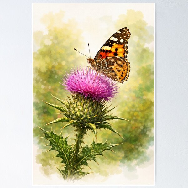 Item preview, Painted Lady Butterfly on Milk Thistle – Botanical Pollinator Nature Art designed and sold by Zee's Whimsical Wonders.