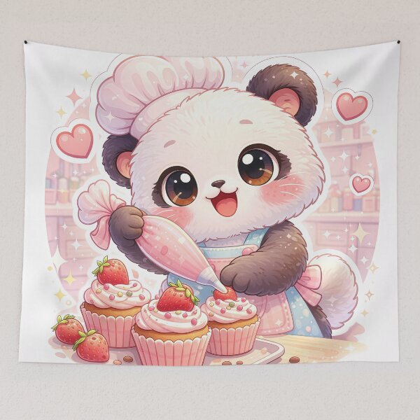 Item preview, Kawaii Panda Decorating Strawberry Cupcakes – Cute Pastel Bakery Panda Sticker designed and sold by Furfolkz.