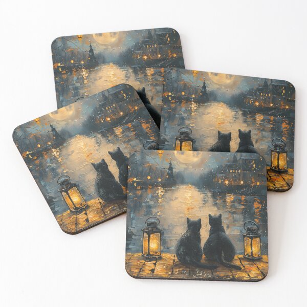 Item preview, Black Cats Romantic Moonlight Night Oil Painting designed and sold by Erika Kaisersot.