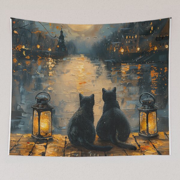 Item preview, Black Cats Romantic Moonlight Night Oil Painting designed and sold by Erika Kaisersot.
