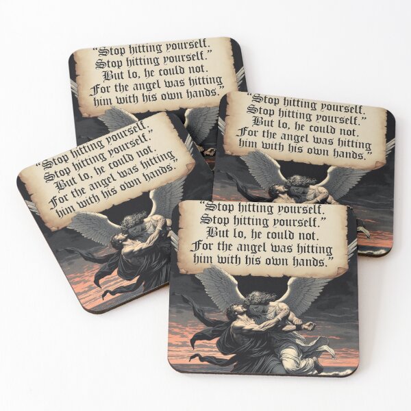 Item preview, Stop Hitting Yourself Angel Meme Biblical Style Absurd Humor Gothic Angel Illustration designed and sold by MaxLevelMerch.