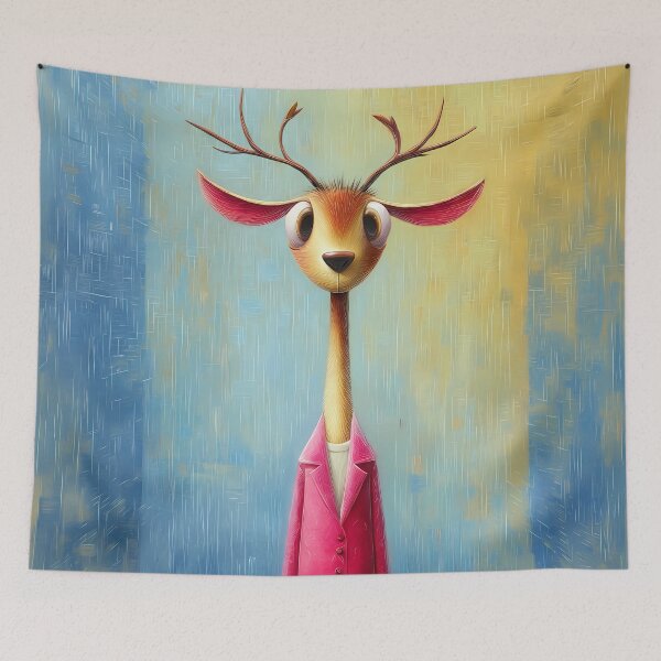 Item preview, Elegant deer in a pink coat - abstract animal portrait - cartoon comic style designed and sold by WhimsyArt ○ byGTL.