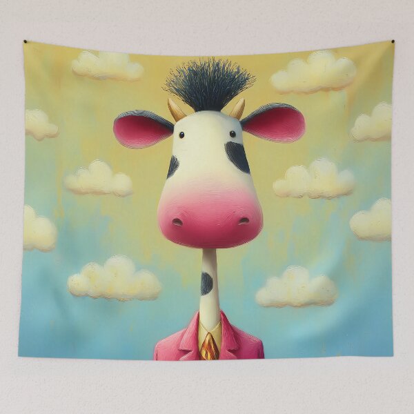 Item preview, Funny cow in a chic pink suit with tie and wild hairstyle in cartoon comic style designed and sold by WhimsyArt ○ byGTL.