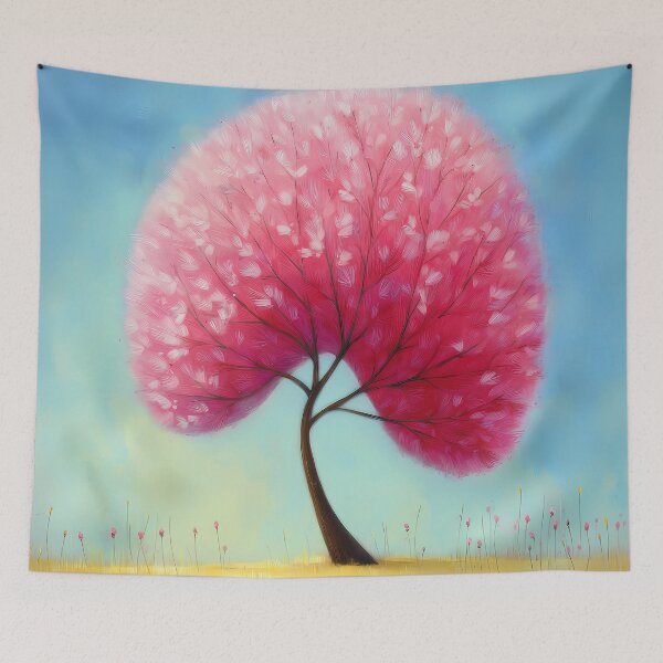 Item preview, Stylized tree with pink blossoms on a blue background - cartoon - comic style designed and sold by WhimsyArt ○ byGTL.