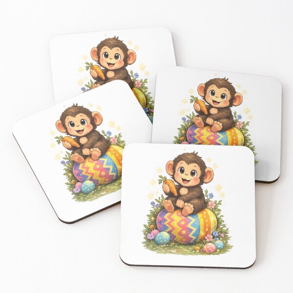 Item preview, Cute Baby Monkey Sitting on a Colorful Easter Egg Holding a Carrot With Spring Flowers designed and sold by FireOrchid.