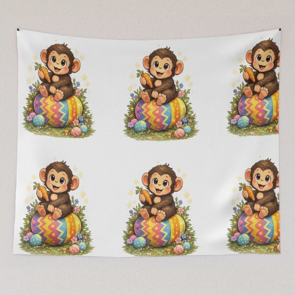 Item preview, Cute Baby Monkey Sitting on a Colorful Easter Egg Holding a Carrot With Spring Flowers designed and sold by FireOrchid.