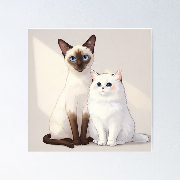 Item preview, Adorable Siamese and White Fluffy Cat Friends Illustration designed and sold by Prestige Parlor.