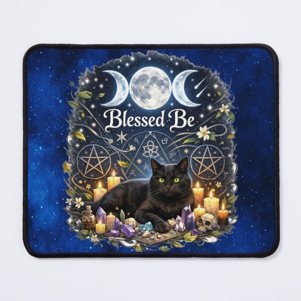 Item preview, Blessed Be Triple Moon Black Cat – Witchy Pagan Magic Crystal Altar Design designed and sold by MysticOzzy.