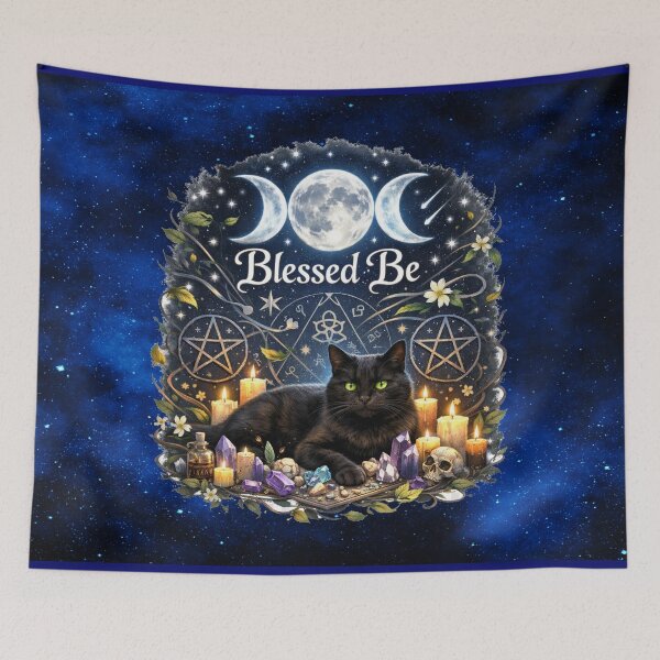 Item preview, Blessed Be Triple Moon Black Cat – Witchy Pagan Magic Crystal Altar Design designed and sold by MysticOzzy.