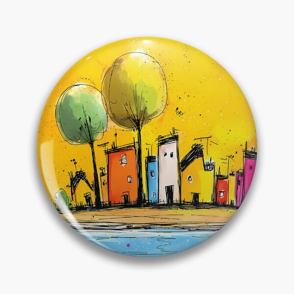 Item preview, Colorful houses by the lake - abstract city illustration in pop art cartoon style designed and sold by WhimsyArt ○ byGTL.