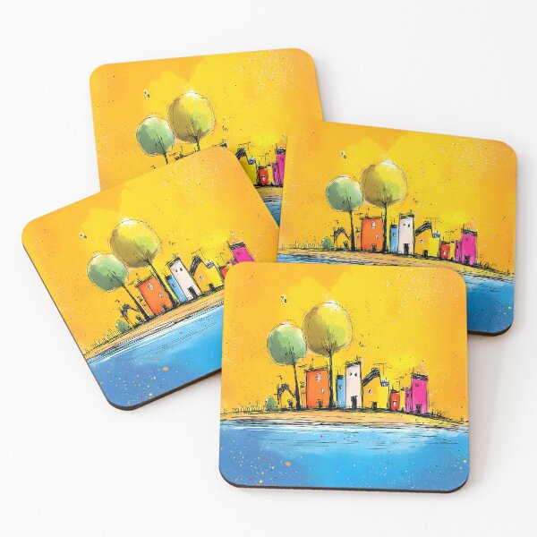 Item preview, Colorful houses by the lake - abstract city illustration in pop art cartoon style designed and sold by WhimsyArt ○ byGTL.
