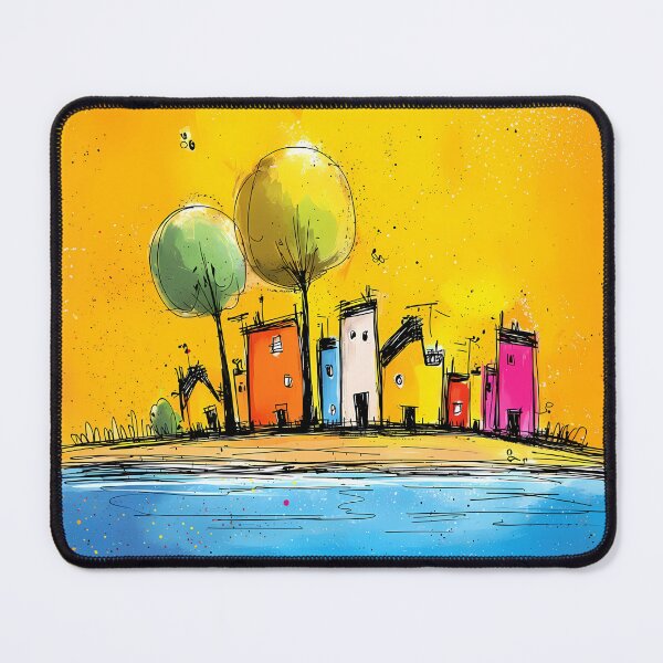 Item preview, Colorful houses by the lake - abstract city illustration in pop art cartoon style designed and sold by WhimsyArt ○ byGTL.