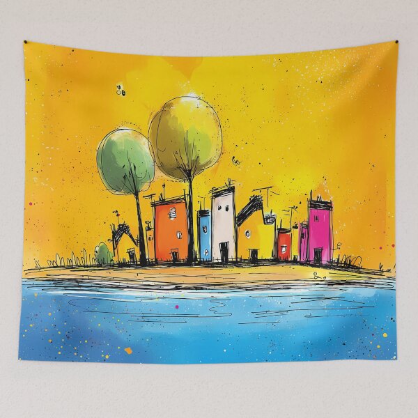 Item preview, Colorful houses by the lake - abstract city illustration in pop art cartoon style designed and sold by WhimsyArt ○ byGTL.