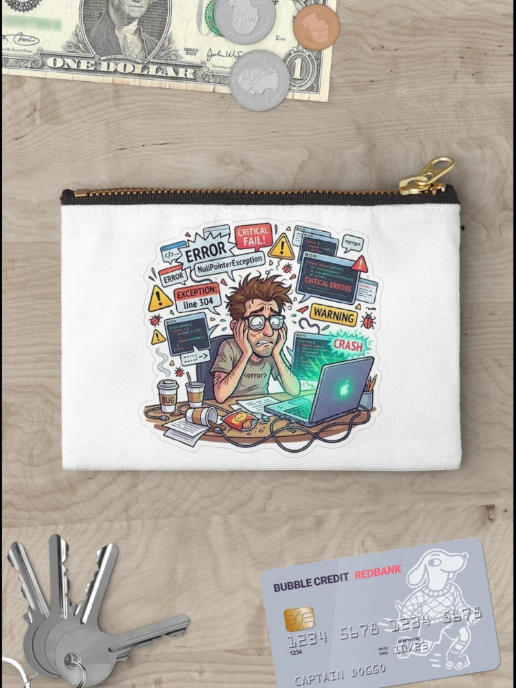 Thumbnail 3 of 4, Zipper Pouch, Funny Programmer Debugging Life – NullPointerException Error Coding Humor Sticker designed and sold by Noctavia07.