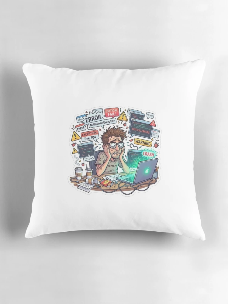 Thumbnail 3 of 4, Pillow, Funny Programmer Debugging Life – NullPointerException Error Coding Humor Sticker designed and sold by Noctavia07.