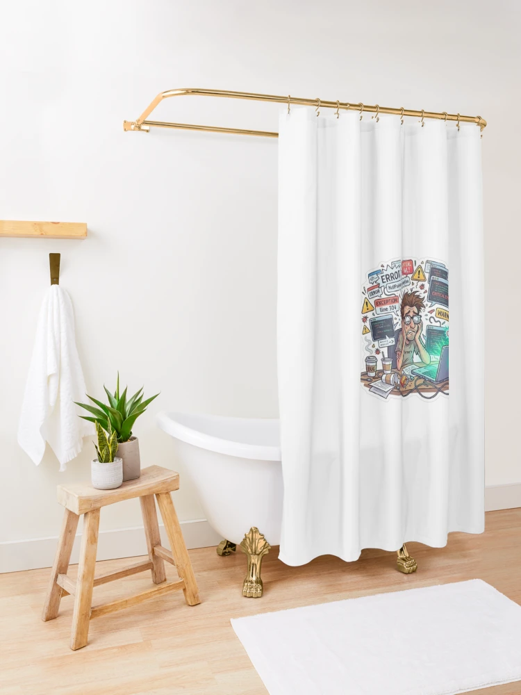 Thumbnail 3 of 5, Shower Curtain, Funny Programmer Debugging Life – NullPointerException Error Coding Humor Sticker designed and sold by Noctavia07.
