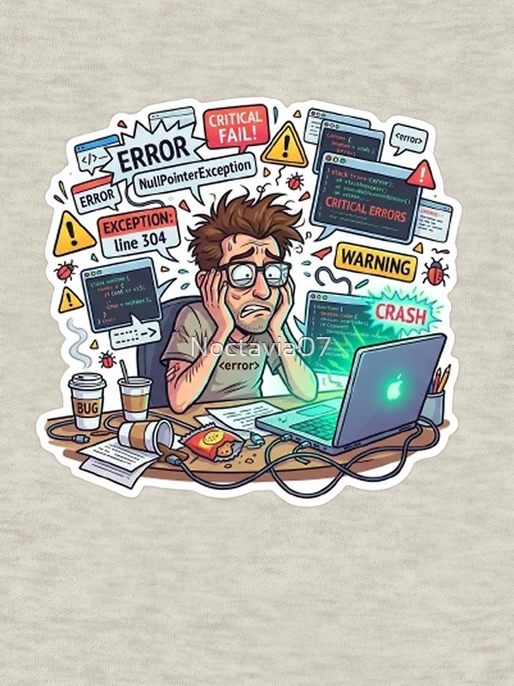 Thumbnail 6 of 6, Zipped Hoodie, Funny Programmer Debugging Life – NullPointerException Error Coding Humor Sticker designed and sold by Noctavia07.