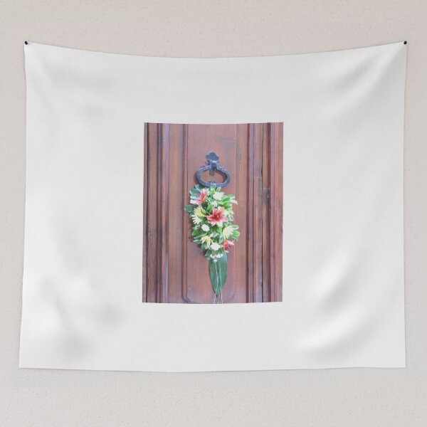 Item preview, Decorative Floral Arrangement Hanging on Wooden Door With Metal Knocker Welcoming Entrance designed and sold by Nmallia.