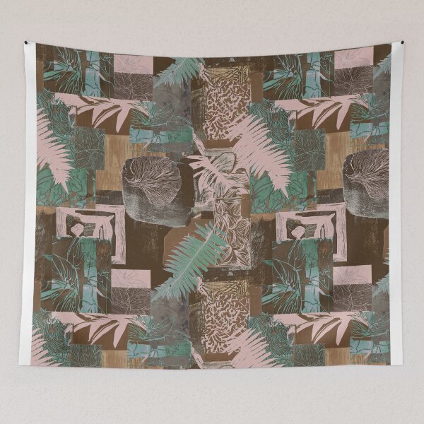 Item preview, Geometric and botanic collage woodblock print pink brown designed and sold by Alessandro Remo Mazzoni Remotextiles.