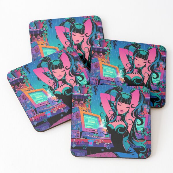 Item preview, Dahlia Rainy Night Stretch Cozy Cyber Cafe | Cyberpunk Anime Girl Lofi Relief Art | Nyx Neon designed and sold by Nyx Creates.