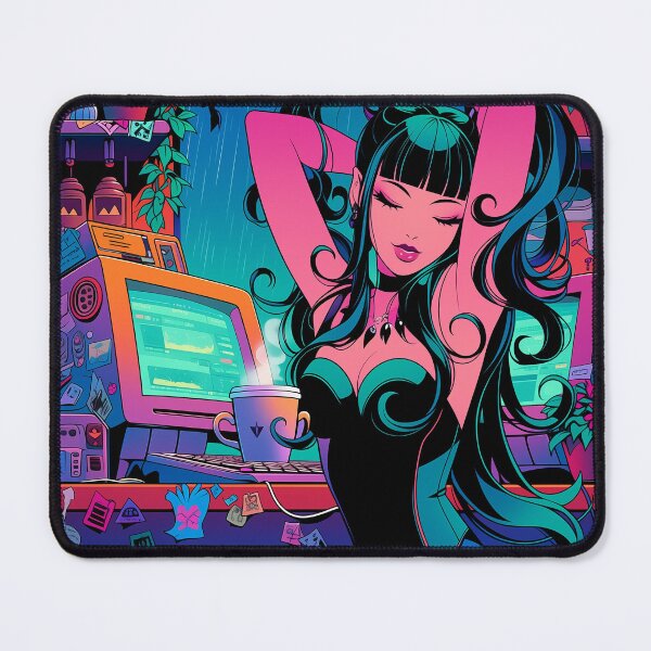 Item preview, Dahlia Rainy Night Stretch Cozy Cyber Cafe | Cyberpunk Anime Girl Lofi Relief Art | Nyx Neon designed and sold by Nyx Creates.