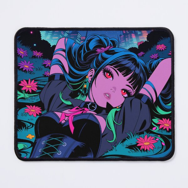 Item preview, Dahlia Flowers Shooting Stars Neon Wildflower Field | Cyberpunk Anime Girl Cosmic Neon Art | Nyx Neon designed and sold by Nyx Creates.