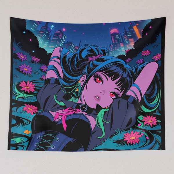 Item preview, Dahlia Flowers Shooting Stars Neon Wildflower Field | Cyberpunk Anime Girl Cosmic Neon Art | Nyx Neon designed and sold by Nyx Creates.