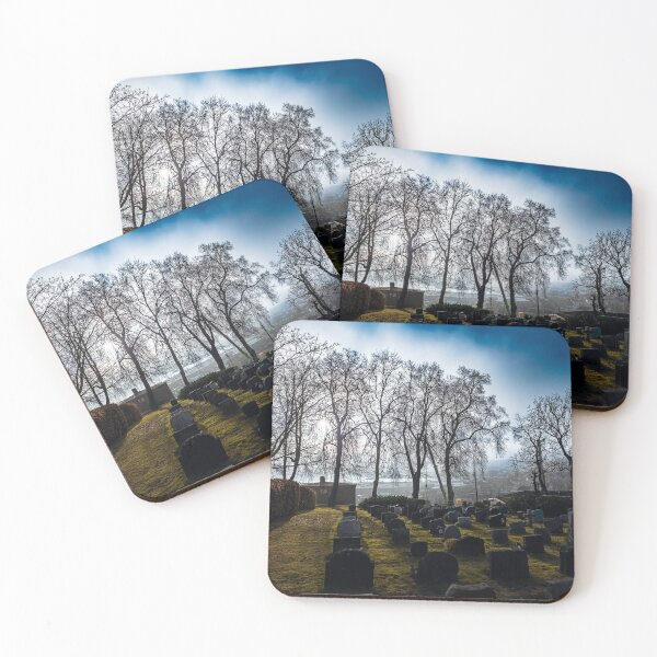 Item preview, Dramatic light from sun through dens fog under bright blue sky over graveyard  designed and sold by AB Photostudio.