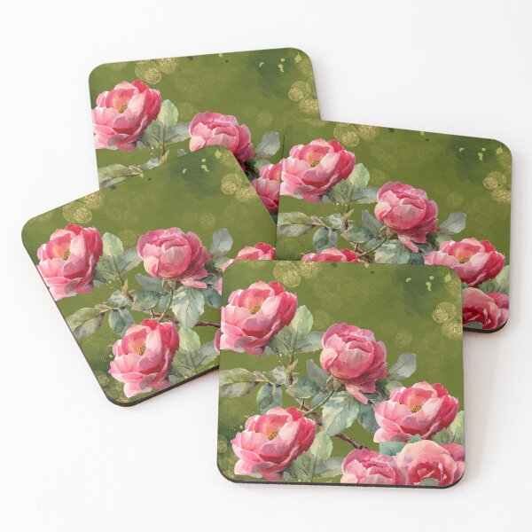 Item preview, Vintage olive green with deep pink roses designed and sold by lchantellstudio.
