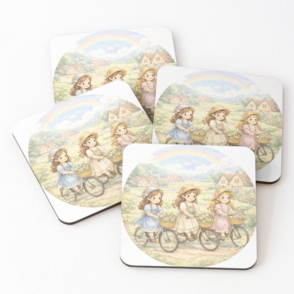 Item preview, Cottagecore Girls Riding Bicycle Together Through Pastel Countryside with Rainbow designed and sold by Teenidesign .