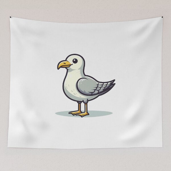 Item preview, A cartoon-style seagull with a white body and gray wings, standing proudly with a cheerful expression. designed and sold by cave-canvas.