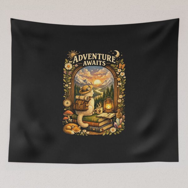 Item preview, Adventure Awaits – Cozy Cottagecore Cat Exploring Nature designed and sold by HubCreates.