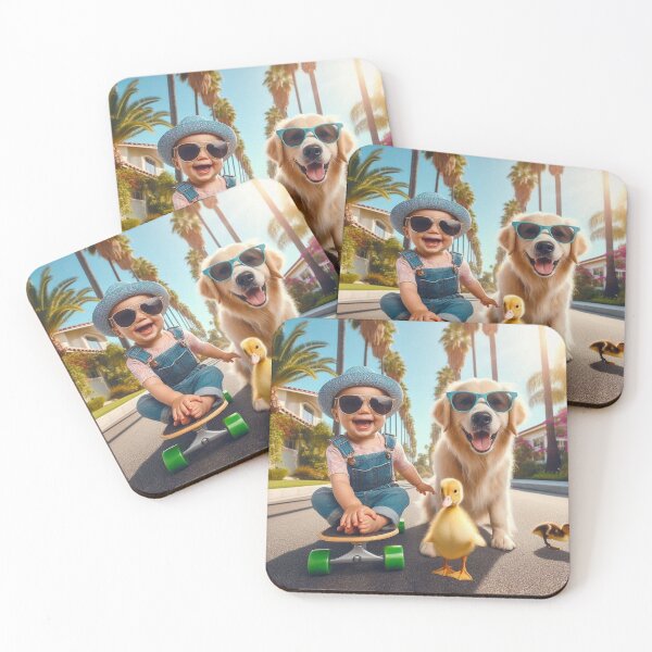 Item preview, Smiling Baby Skateboarding with Golden Retriever and Duckling designed and sold by Mitaudesign.
