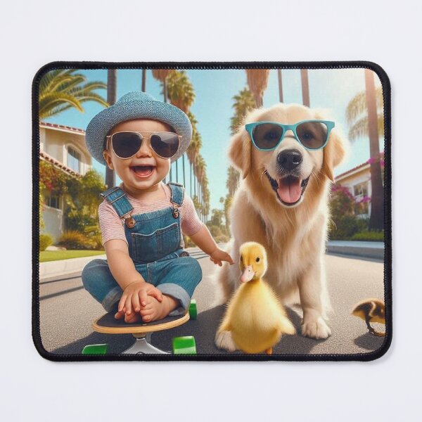 Item preview, Smiling Baby Skateboarding with Golden Retriever and Duckling designed and sold by Mitaudesign.