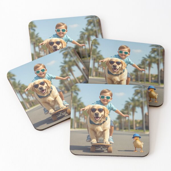 Item preview, Smiling Baby Skateboarding with Golden Retriever and Duckling T-Shirt Design designed and sold by Mitaudesign.