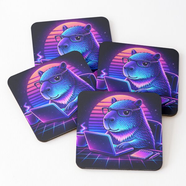 Item preview, neon capybara working on laptop designed and sold by MoosElkPL.