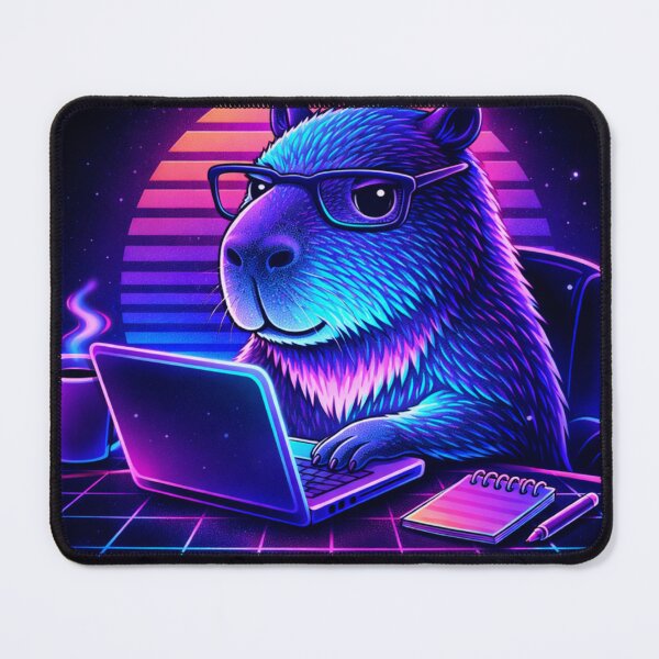 Item preview, neon capybara working on laptop designed and sold by MoosElkPL.