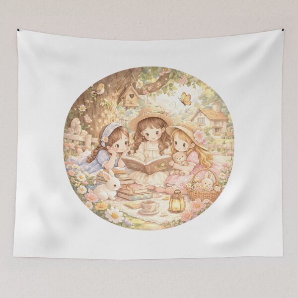 Item preview, Whimsical Cottagecore Girls Reading Storybook with Rabbit in Enchanted Garden designed and sold by Teenidesign .