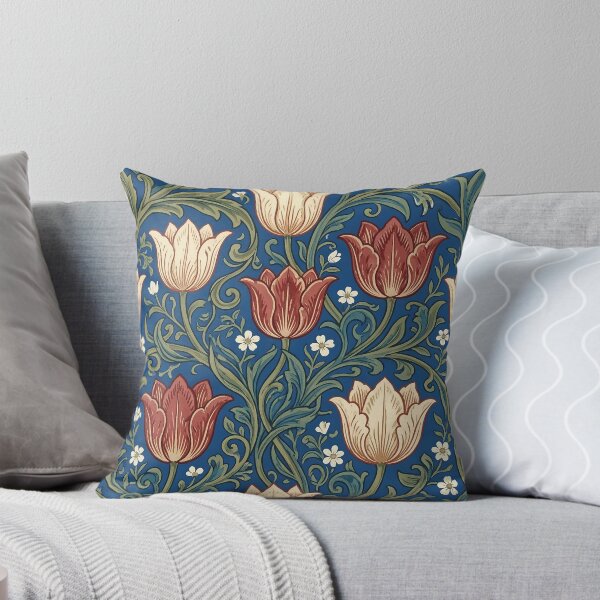 Item preview, Vintage William Morris Style Tulip Garden Pattern in Blue and Red designed and sold by InkedHorizon.