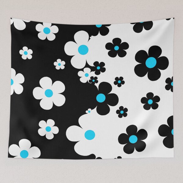 Item preview, 60's Retro Pop Small Flowers in Black and White with Blue Centers designed and sold by MellowCat.