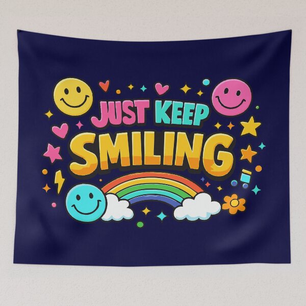 Item preview, Just Keep Smiling – Retro Rainbow 90s Kidcore Smiley Face Quote designed and sold by Far Out Goods.