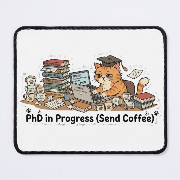 Item preview, PhD in Progress (Send Coffee) Exhausted Cat Student Sticker designed and sold by AuroraPixelDa.