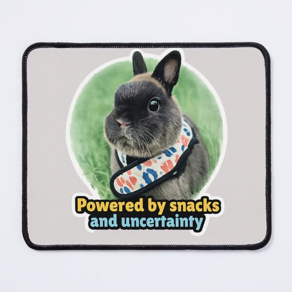 Item preview, Powered by Snacks and Uncertainty – Funny Bunny Meme | Cute Rabbit Humor designed and sold by Studio Origins NZ (SO NZ).