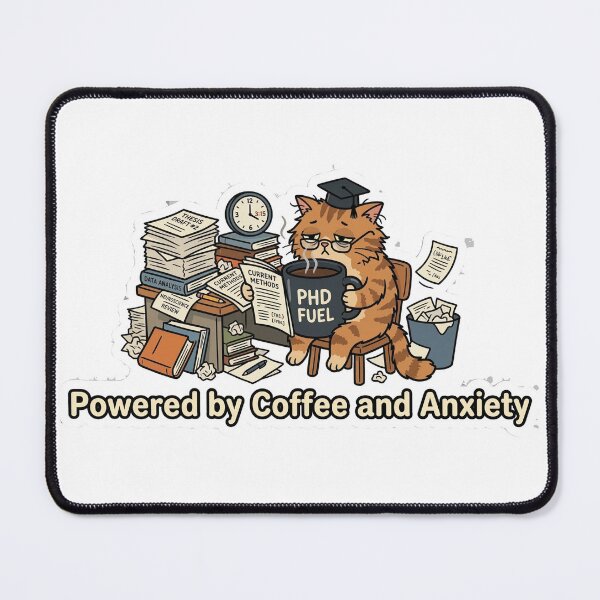 Item preview, "Powered by Coffee and Anxiety" Funny PhD Cat Sticker designed and sold by AuroraPixelDa.