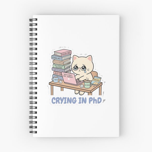 Item preview, "CRYING IN PhD" Cute Cat Student Impostor Syndrome & Thesis Burnout Meme Sticker for Laptop, Water Bottle, and Notebook designed and sold by AuroraPixelDa.